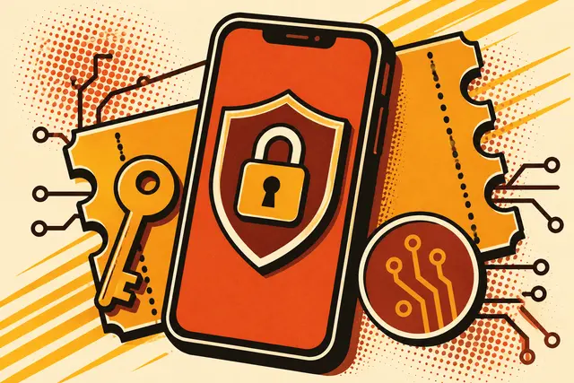 Asyabahis mobil güvenlik illüstrasyonu: ekranında kilitli kalkan rozeti bulunan akıllı telefon, anahtar ve perfore kupon çerçevesi